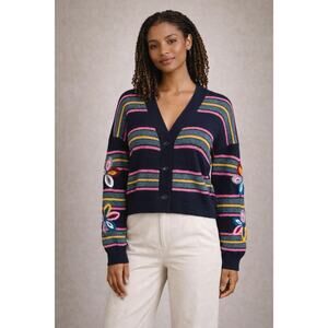 Moth Floral Embroidered Cardigan Wool Cashmere Blend Pleated Back XS